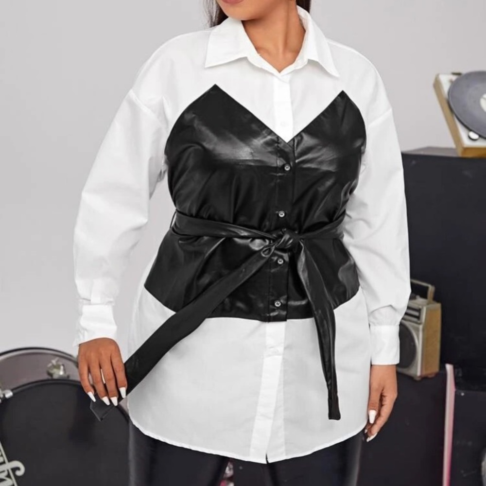 SHEIN Plus Colorblock Button Front Belted Blouse